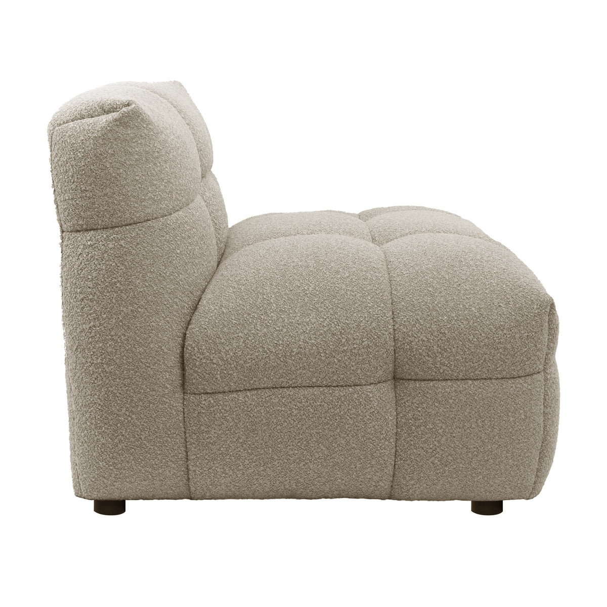 Norah 5 Seater Boucle Sofa Set With Ottoman in Warm Beige: Single armless module in light beige bouclé, featuring deep quilted tufting, resting on low-profile wooden legs.