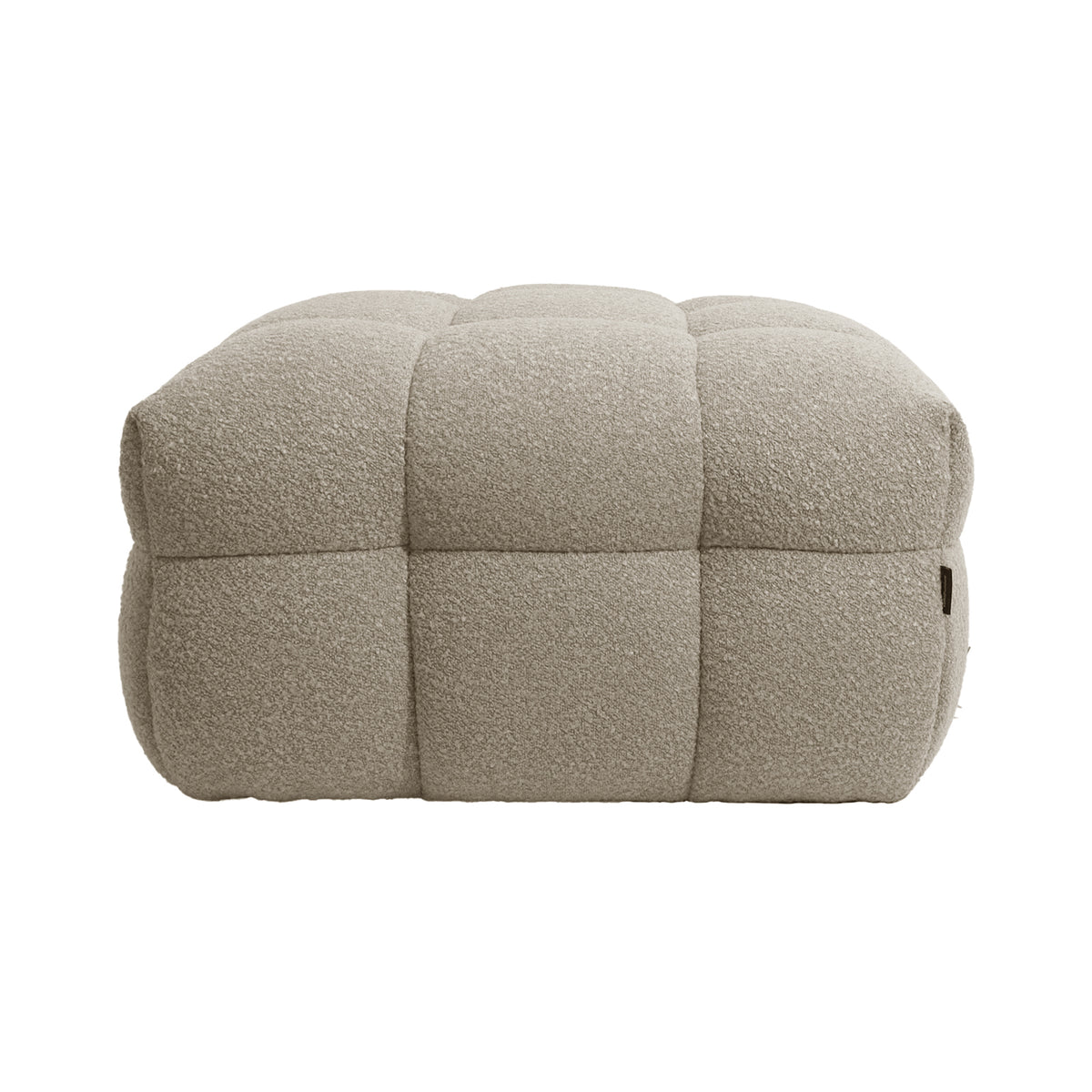 Norah 5 Seater Boucle Sofa Set With Ottoman in Warm Beige, featuring a low, rectangular ottoman with tufted, quilted panels in textured boucle fabric, offering a soft and inviting appearance.