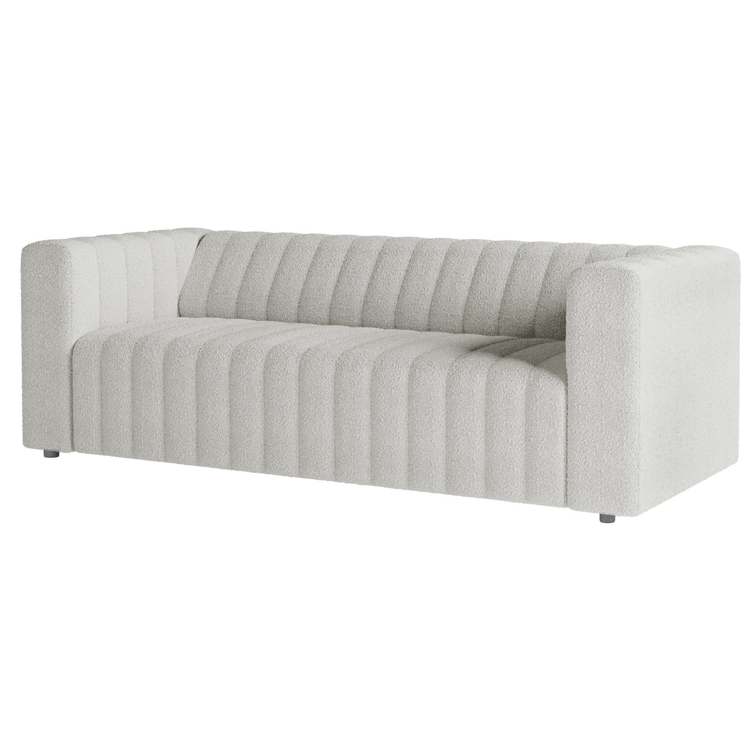 Parisa 3 Seater Tufted Boucle Sofa features a close-up of its plush boucle fabric with elegant tufted detailing, showcasing the sofa's luxurious texture and modern low-rise design.