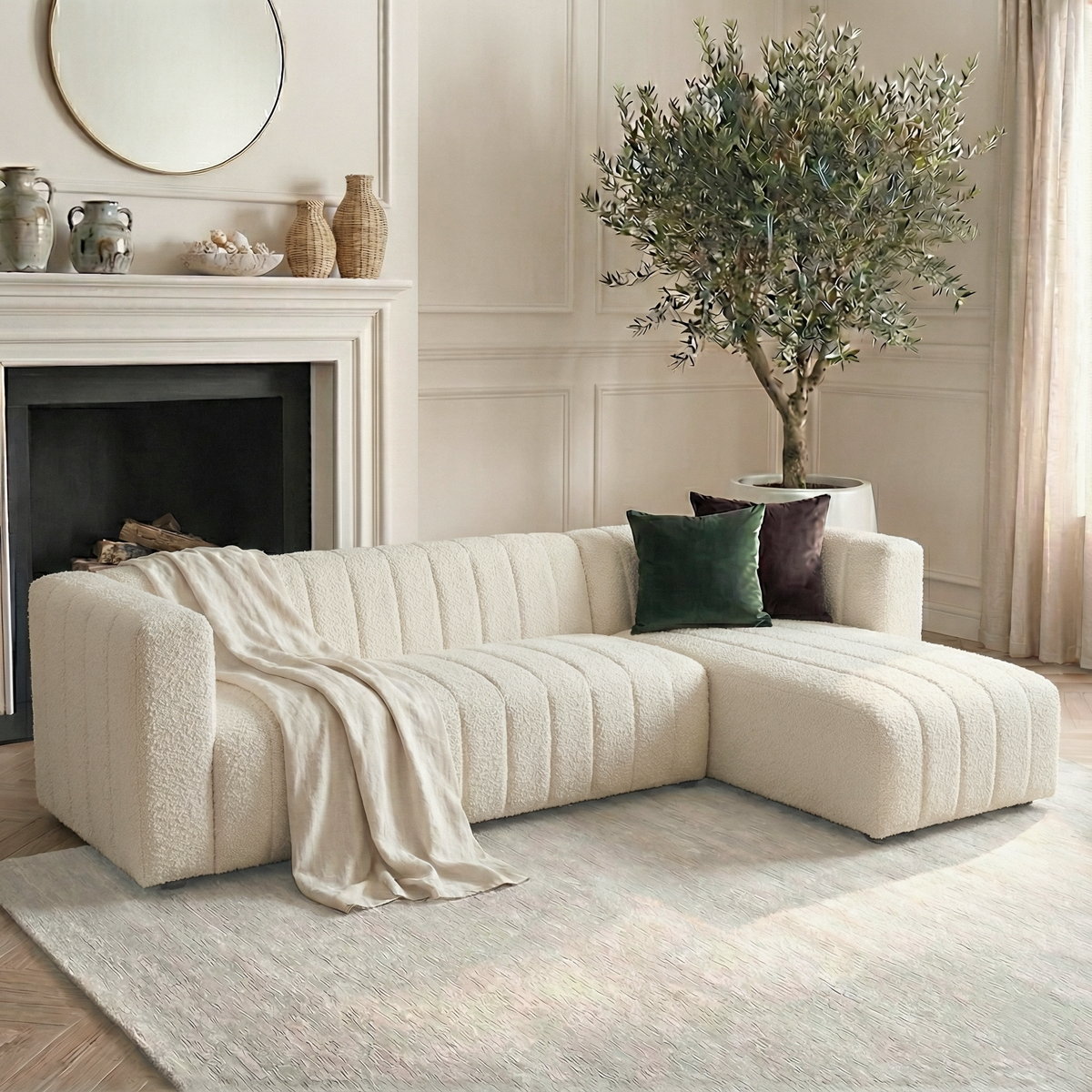Parisa 4 Seater Tufted Boucle Sofa with Chaise in Cream White, shown in L-shape configuration with channel tufting and cream