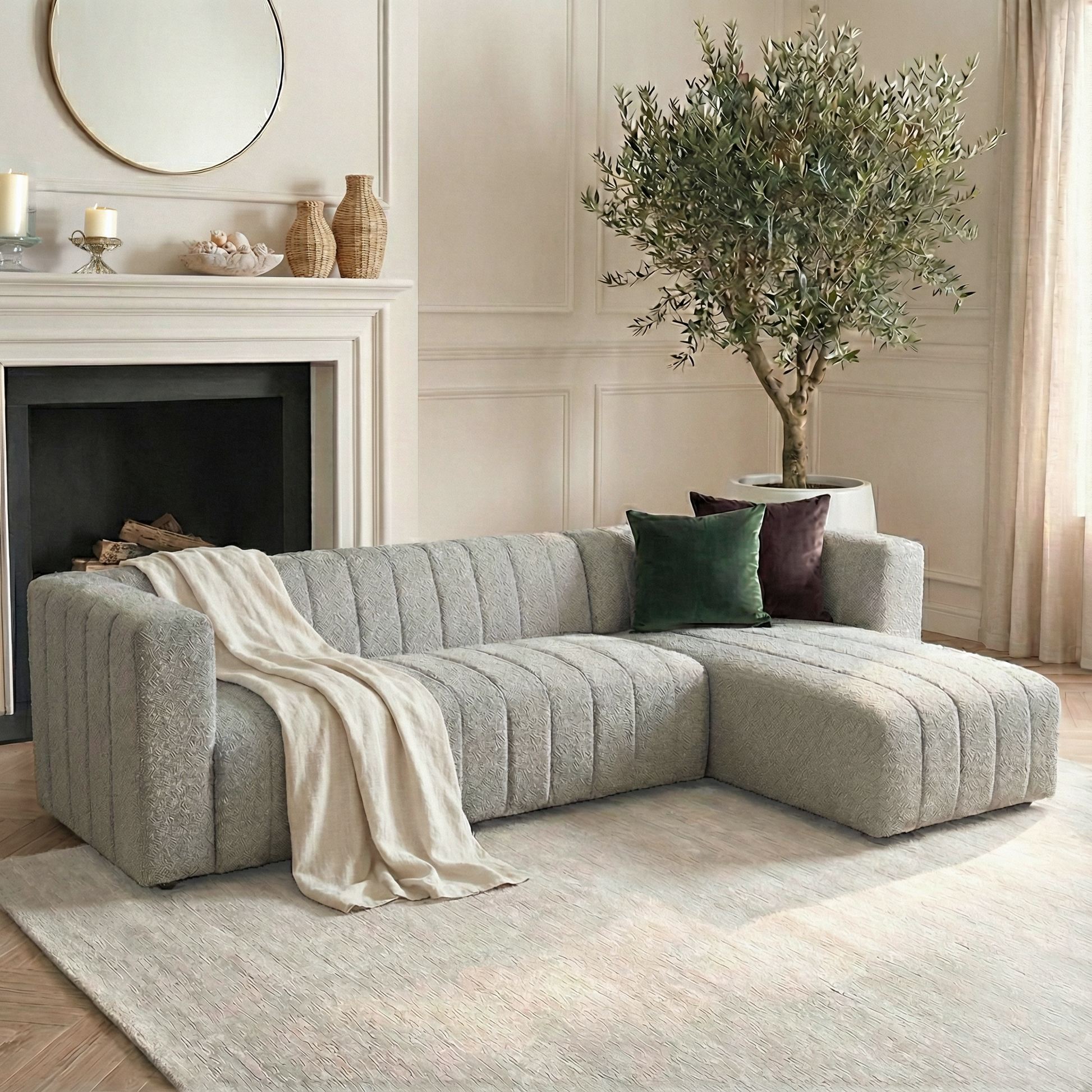 Parisa 4 Seater Tufted Boucle Sofa with Chaise in Light Grey, featuring vertical channel tufting, squared arms, and a cream