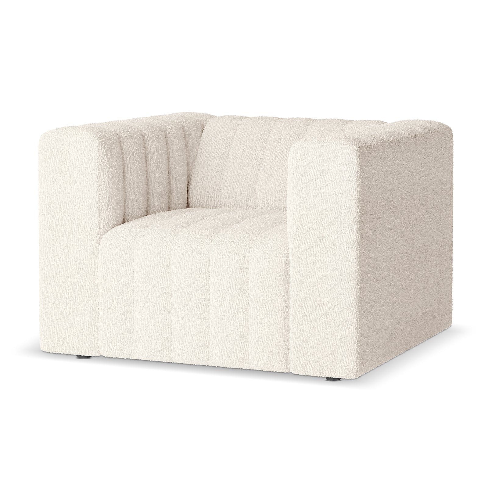 Parisa 1 Seater Tufted Boucle Sofa Cream White, showcasing a close-up of its plush, tufted boucle fabric and supportive armrest, highlighting its modern, chic design ideal for contemporary spaces.