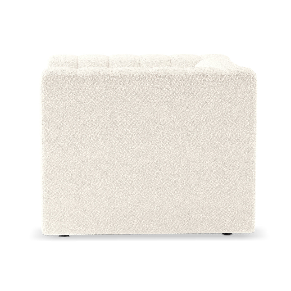 Parisa 1 Seater Tufted Boucle Single Sofa in Cream White, featuring a cube shape with a tufted top and smooth sides, upholstered in soft bouclé fabric for a modern, chic look.
