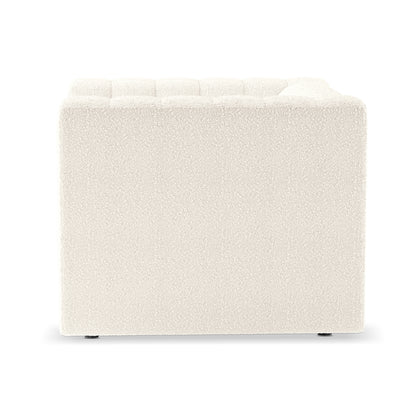 Parisa 1 Seater Tufted Boucle Single Sofa in Cream White, featuring a cube shape with a tufted top and smooth sides, upholstered in soft bouclé fabric for a modern, chic look.