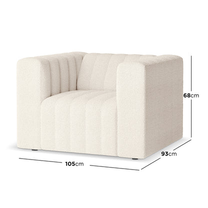 Parisa 1 Seater Tufted Boucle Sofa Cream White with tufted design, cushioned armrests, and boucle fabric upholstery, showcasing a modern, low-rise aesthetic suitable for contemporary living spaces.