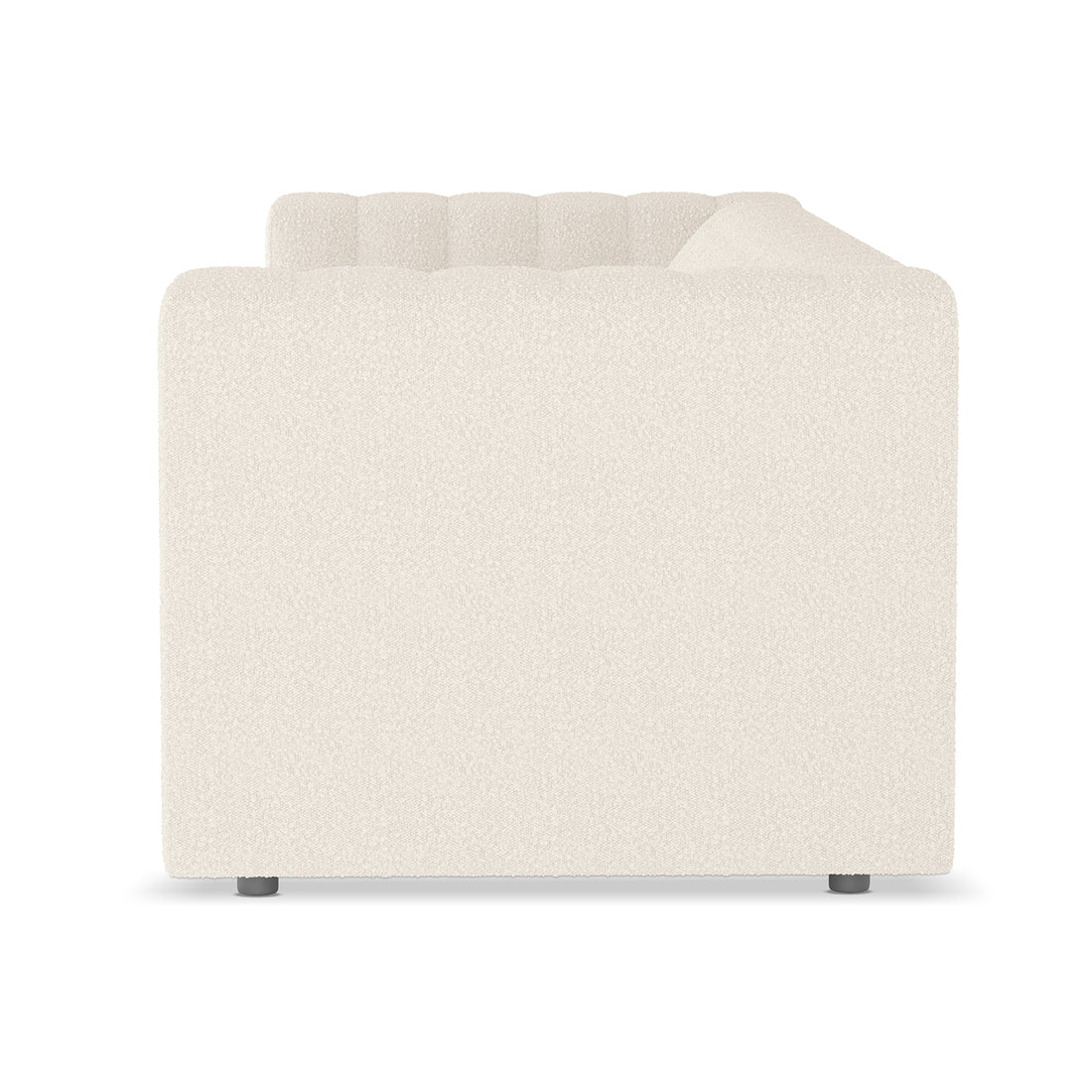 Parisa 4 Seater Tufted Boucle Sofa Set Cream White with black legs, showcasing a tufted design and luxurious boucle fabric, positioned against a simple backdrop, highlighting its modern low-rise structure with armrests.