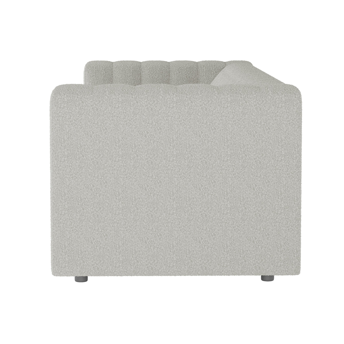 Side view of Parisa 4 Seater Tufted Boucle Sofa Set in Light Grey, showcasing the blocky armrest, softly tufted back cushion, and low cylindrical feet, upholstered in boucle-style fabric.