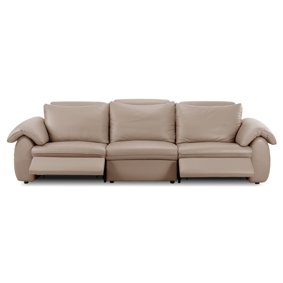 Beige three-seater reclining sofa on a white background