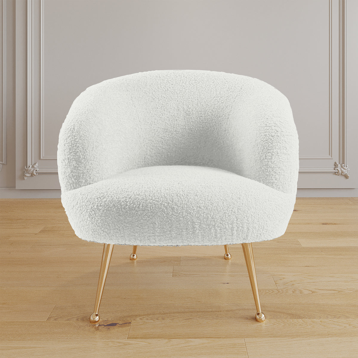 Polilo Bouclé Accent Chair Cream White features a sleek design with a textured bouclé fabric, complemented by gold chrome-finished legs. Ideal for adding elegance and comfort to any room.