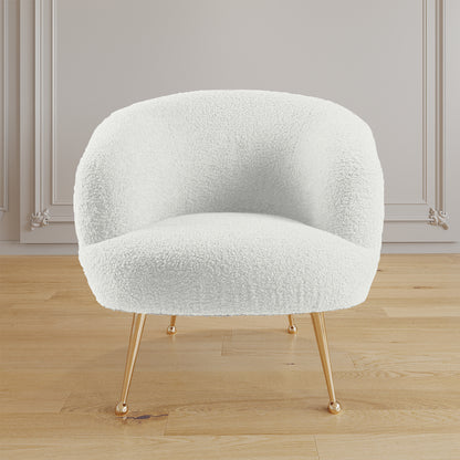 Polilo Bouclé Accent Chair Cream White features a sleek design with a textured bouclé fabric, complemented by gold chrome-finished legs. Ideal for adding elegance and comfort to any room.
