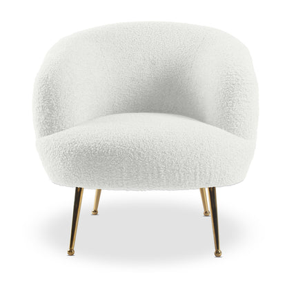 Polilo Bouclé Accent Chair with gold chrome legs and armrests, featuring a plush, textured fabric. Ideal for stylish seating, this chair enhances any space with its modern design and luxurious comfort.