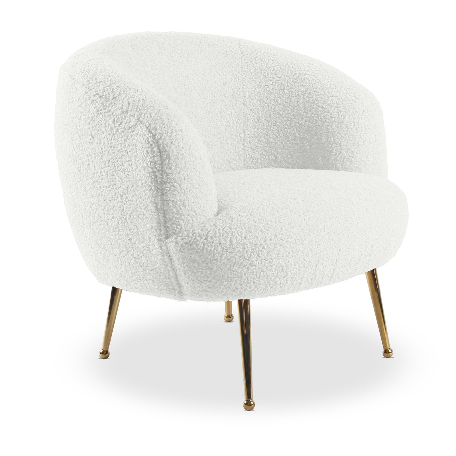 Polilo Bouclé Accent Chair Cream White with gold legs, featuring armrests and a textured bouclé fabric, ideal for adding luxury and elegance to any interior design setting.