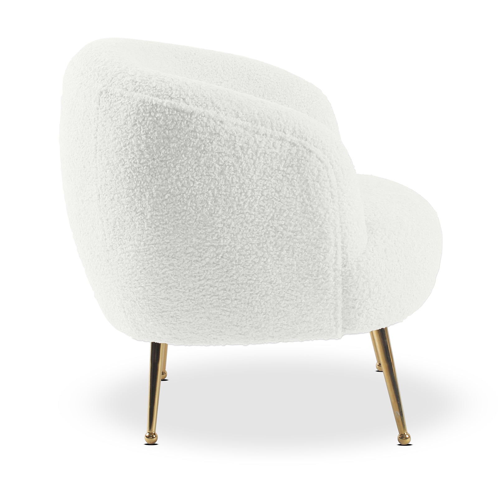 Polilo Bouclé Accent Chair features a cream white bouclé fabric with sleek gold legs, offering a modern, luxurious touch perfect for enhancing any living space or reading nook.
