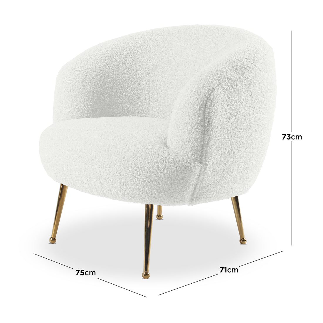 Polilo Bouclé Accent Chair featuring a close-up of its armrest and stainless steel legs with a chrome gold finish, showcasing the intricate texture of the bouclé fabric and modern design elements.