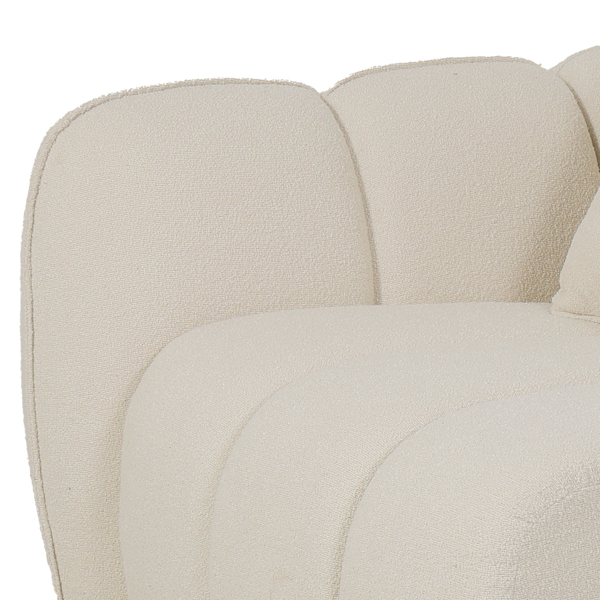 Close-up of Rendon 3 seater performance boucle sofa in cream white showing rounded segmented cushions and textured fabric