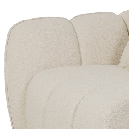 Close-up of Rendon 3 seater performance boucle sofa in cream white showing rounded segmented cushions and textured fabric