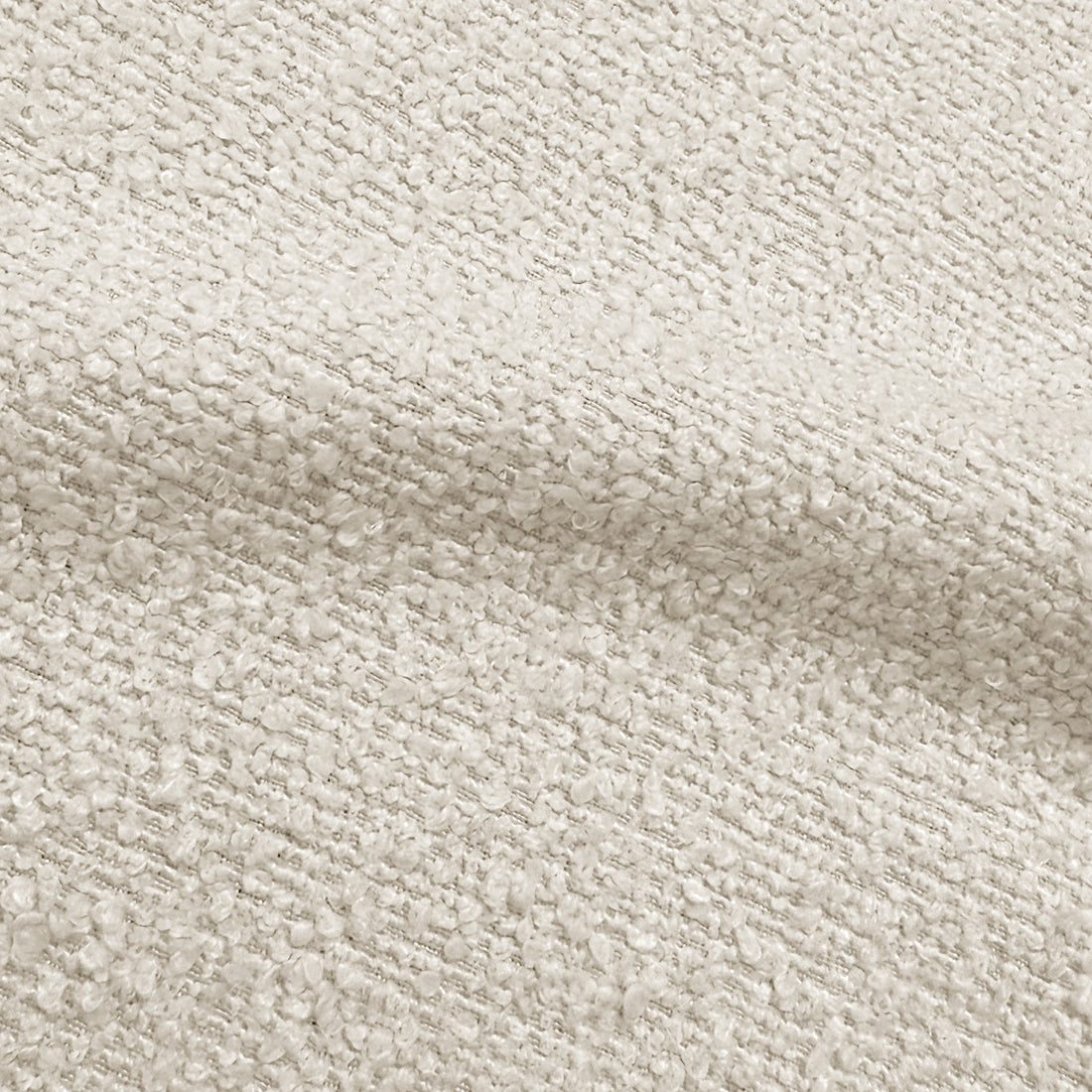 Close-up of cream white performance boucle fabric texture showing woven looped yarn detail