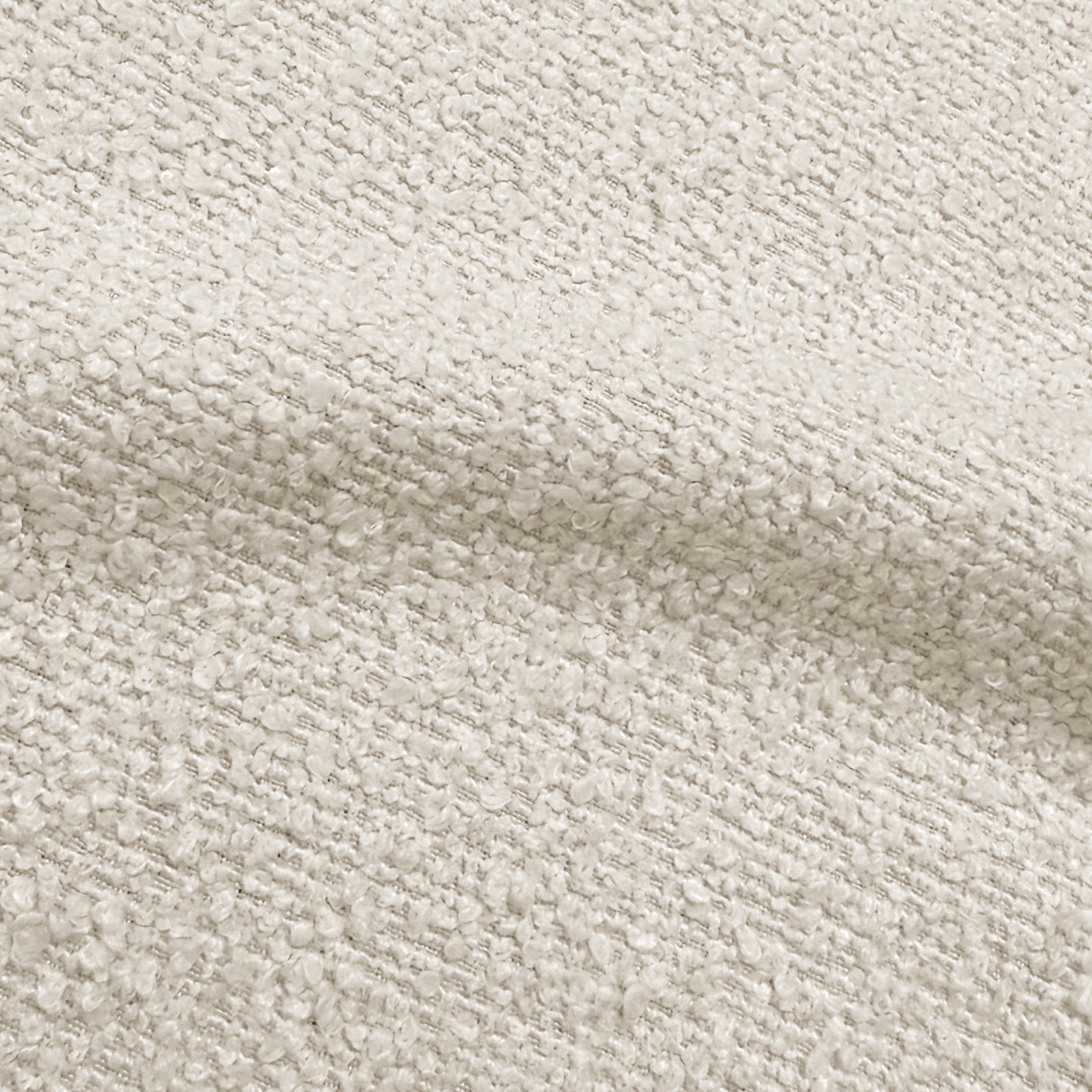 Close-up of cream white performance boucle fabric texture showing woven looped yarn detail