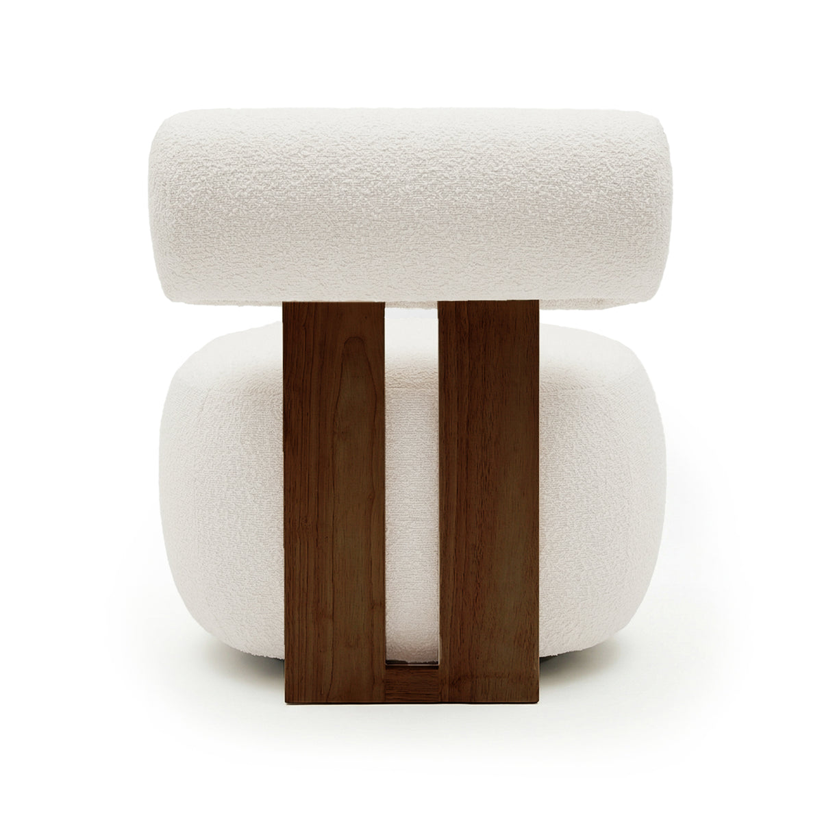 Renley Boucle Armless Accent Chair in Cream White, featuring plush bouclé upholstery with a cylinder top cushion, rounded seat cushion, and dark-stained wooden supports for a modern, cozy seating.