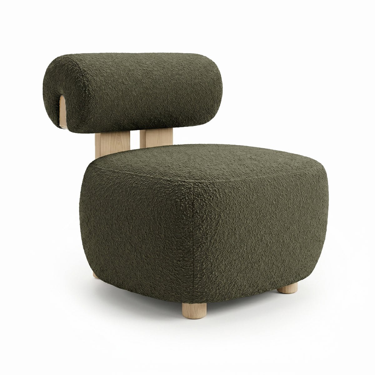 Renley Boucle Armless Accent Chair in Dark Forest Green features a rounded-cube cushion in textured olive-green bouclé, short cylindrical wooden legs, and a matching tubular backrest with vertical wood slats.