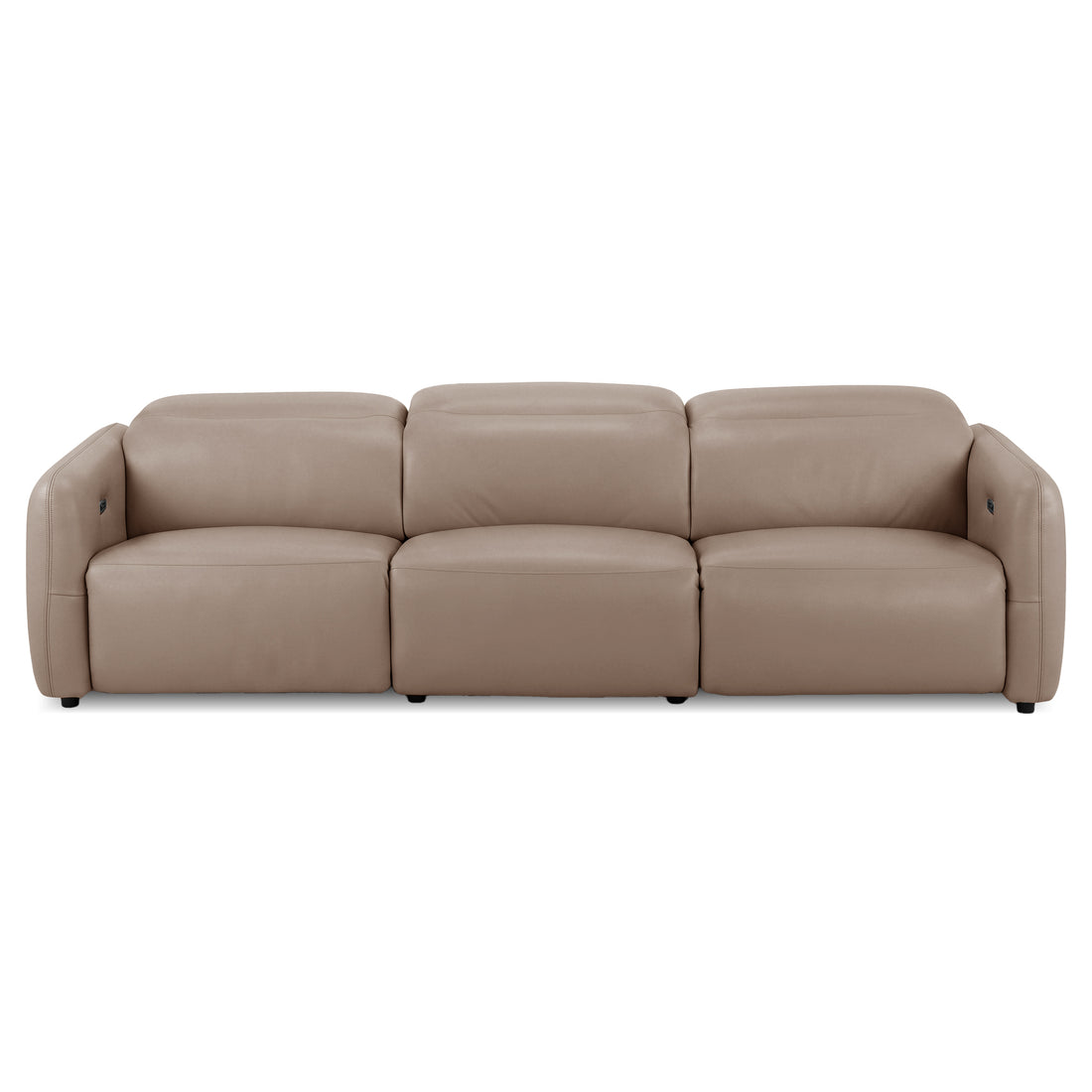 Full view of a taupe three-seater sofa on a white background