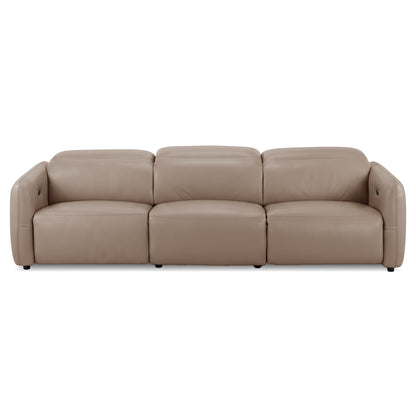 Full view of a taupe three-seater sofa on a white background