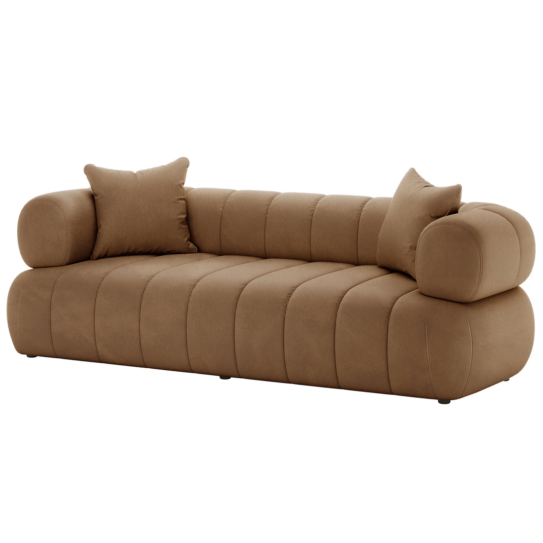 Samira 3 Seater Velvet Sofa - Camel Brown features a plush velvet upholstery with two matching pillows, showcasing a luxurious design. The close-up highlights the sofa's elegant texture and comfortable cushioning.