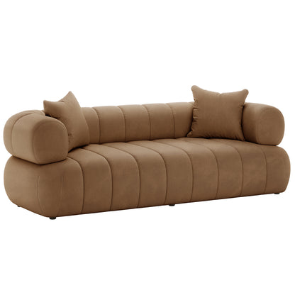 Samira 3 Seater Velvet Sofa - Camel Brown with plush velvet upholstery, solid wood frame, and matching pillows, showcasing exquisite detail and luxurious design for modern living spaces.