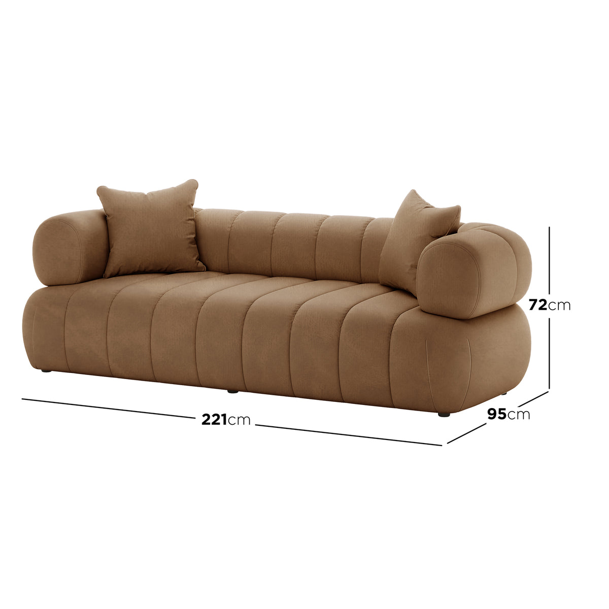 Samira 3 Seater Velvet Sofa in Camel Brown, showcasing its plush velvet upholstery and elegant design, highlighting the high-density foam padding and solid wood frame construction.
