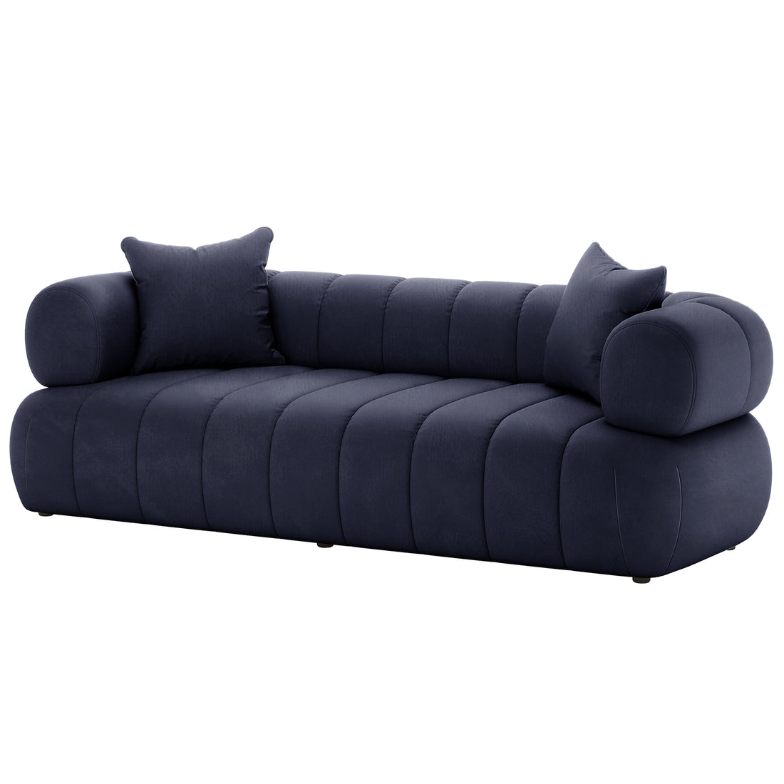 Samira 3 Seater Velvet Sofa in Navy Blue, showcasing its plush velvet upholstery and elegant design, emphasizing the sofa's luxurious texture and inviting comfort.