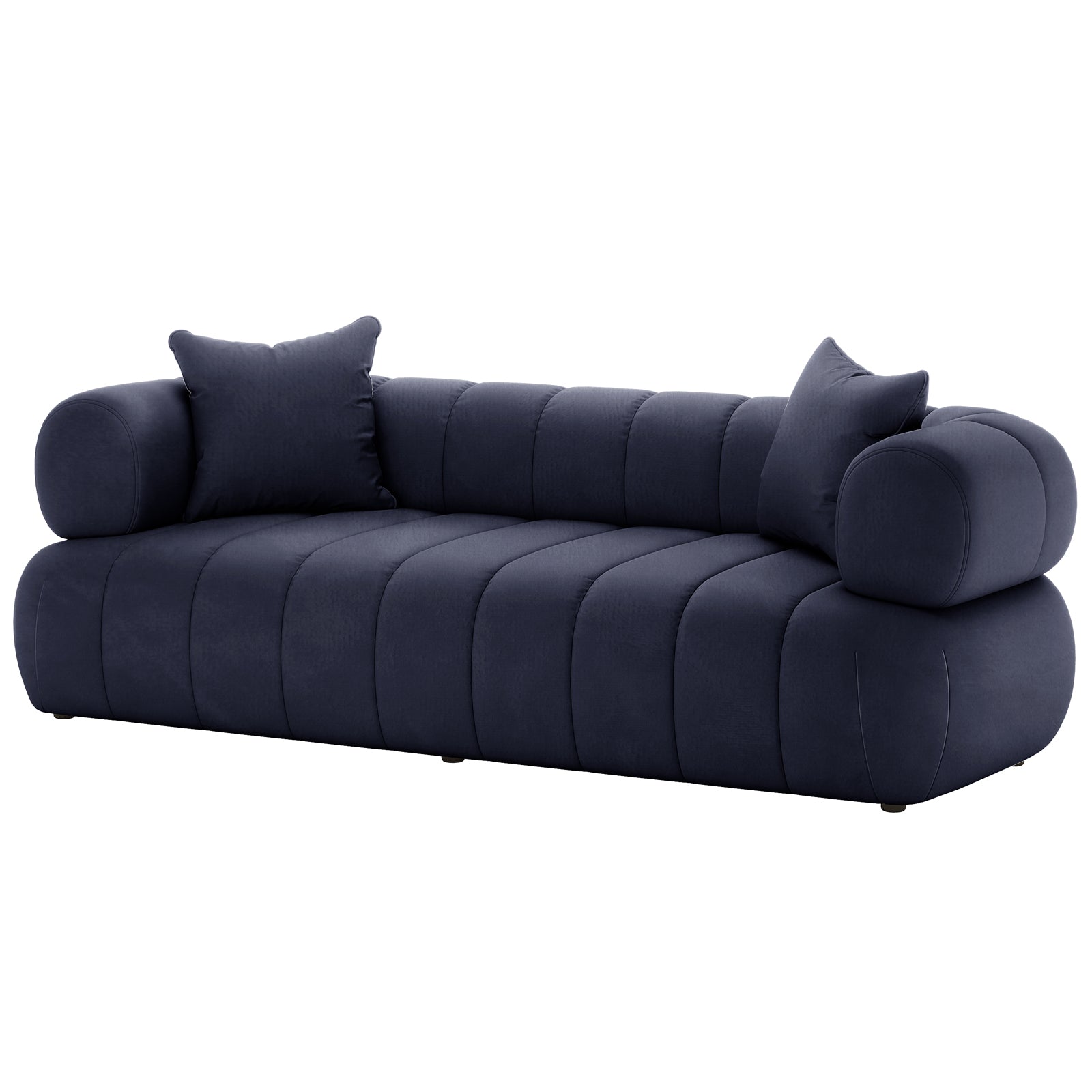 Samira 3 Seater Velvet Sofa in Navy Blue, showcasing its plush velvet upholstery and elegant design, emphasizing the sofa's luxurious texture and inviting comfort.