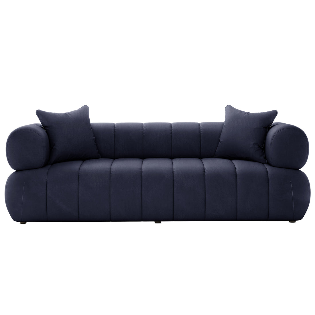 Samira 3 Seater Velvet Sofa - Navy Blue, showcasing elegant velvet upholstery, plush seating with high-density foam, and a sturdy engineered wood frame, highlighted by two matching pillows for added comfort.