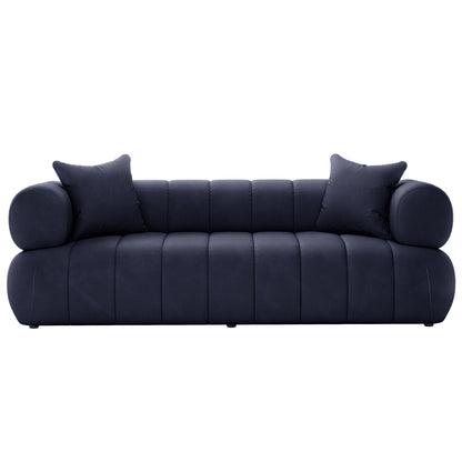 Samira 3 Seater Velvet Sofa - Navy Blue, showcasing elegant velvet upholstery, plush seating with high-density foam, and a sturdy engineered wood frame, highlighted by two matching pillows for added comfort.
