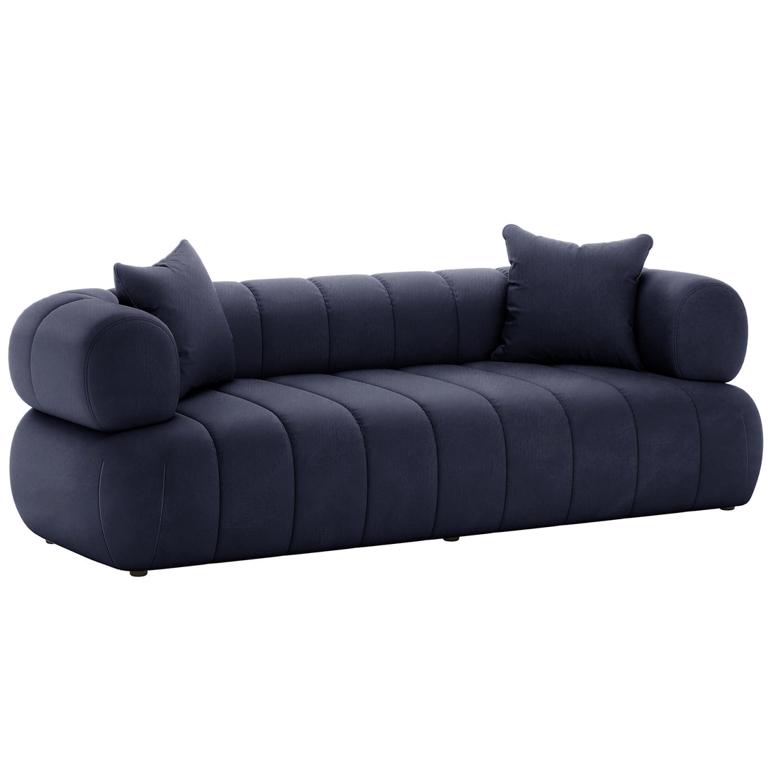 Samira 3 Seater Velvet Sofa in Navy Blue, showcasing a luxurious velvet texture with plush cushions and matching pillows, highlighting its elegant design and comfort for any contemporary living space.