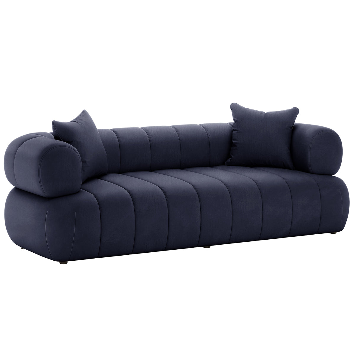 Samira 3 Seater Velvet Sofa in Navy Blue, showcasing a luxurious velvet texture with plush cushions and matching pillows, highlighting its elegant design and comfort for any contemporary living space.