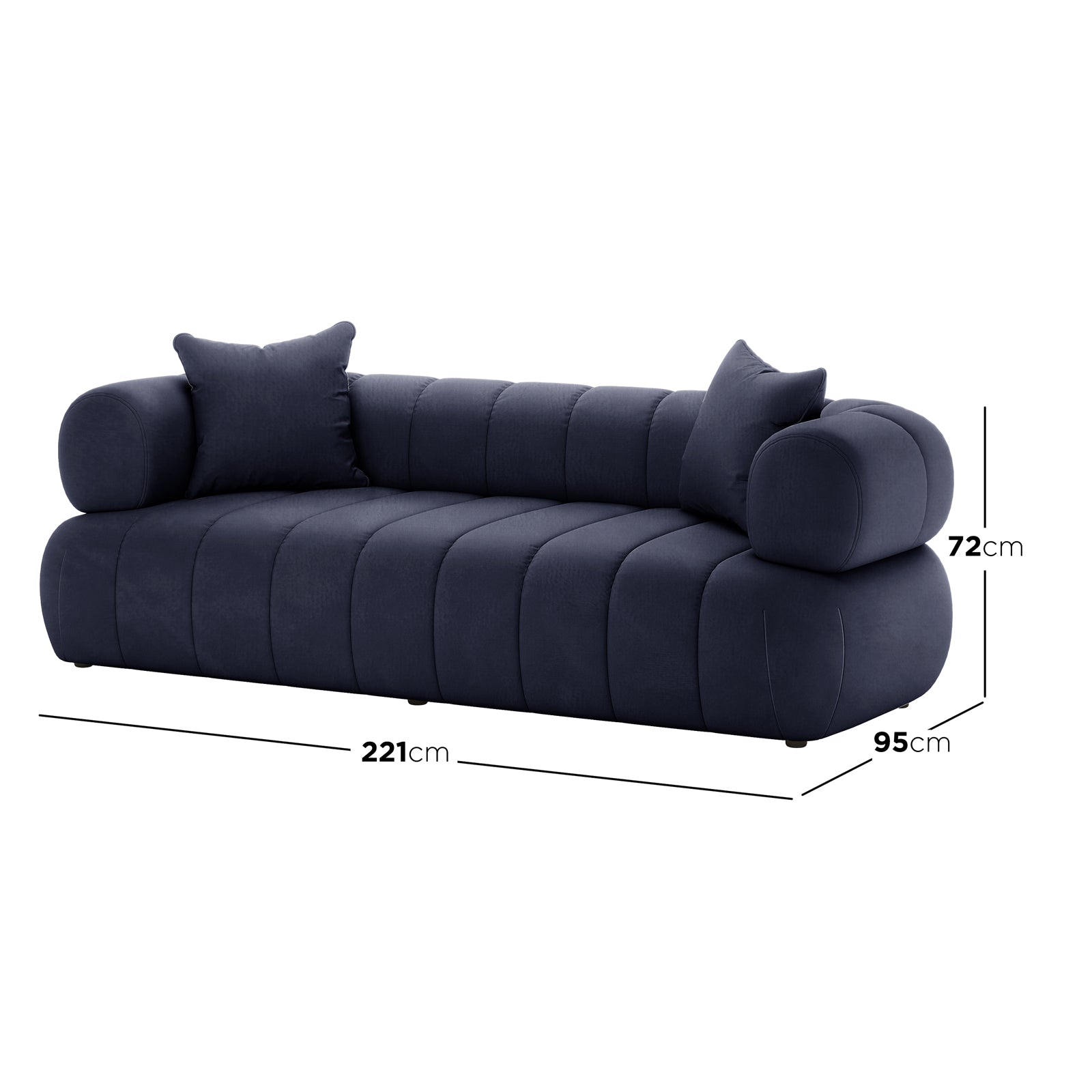 Samira 3 Seater Velvet Sofa in Navy Blue, showcasing its plush velvet texture, sleek silhouette, and accompanying matching pillows, designed for modern elegance and comfort in a living space.