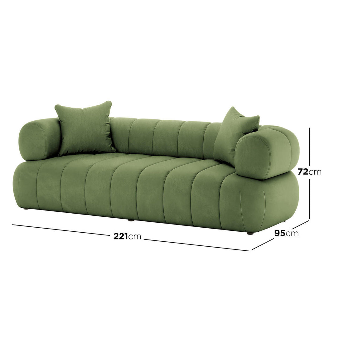 Samira 3 Seater Velvet Sofa in Prasinous Green, featuring a quilted design, bolster armrests, and loose cushions, showcasing modern elegance in a plush, moss-green upholstery with visible dimensions.