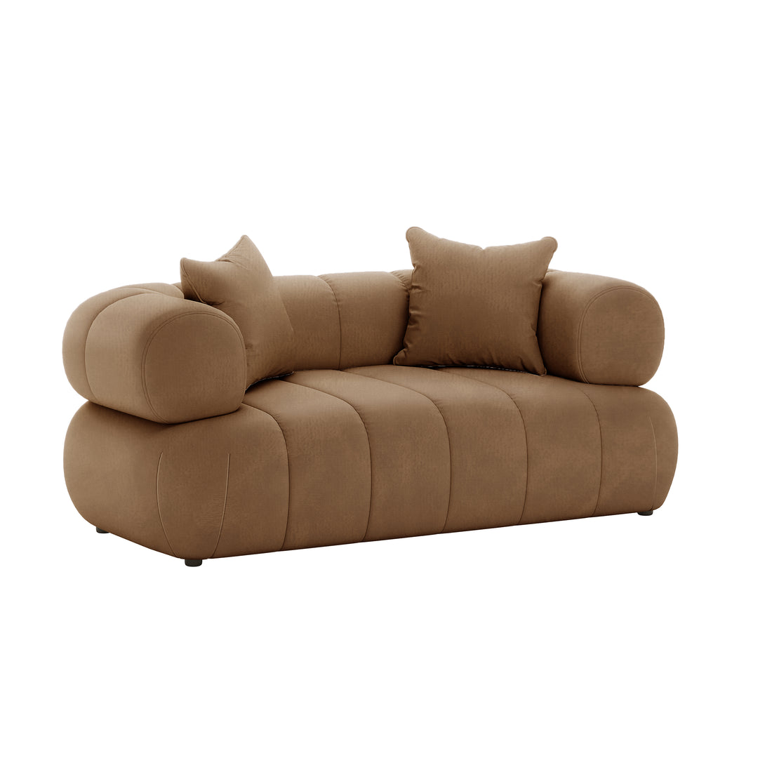 Samira 5 Seater Velvet Sofa Set - Camel Brown, showcasing a luxurious, velvet-upholstered couch with plush pillows, highlighting its elegant design and comfort-focused construction.