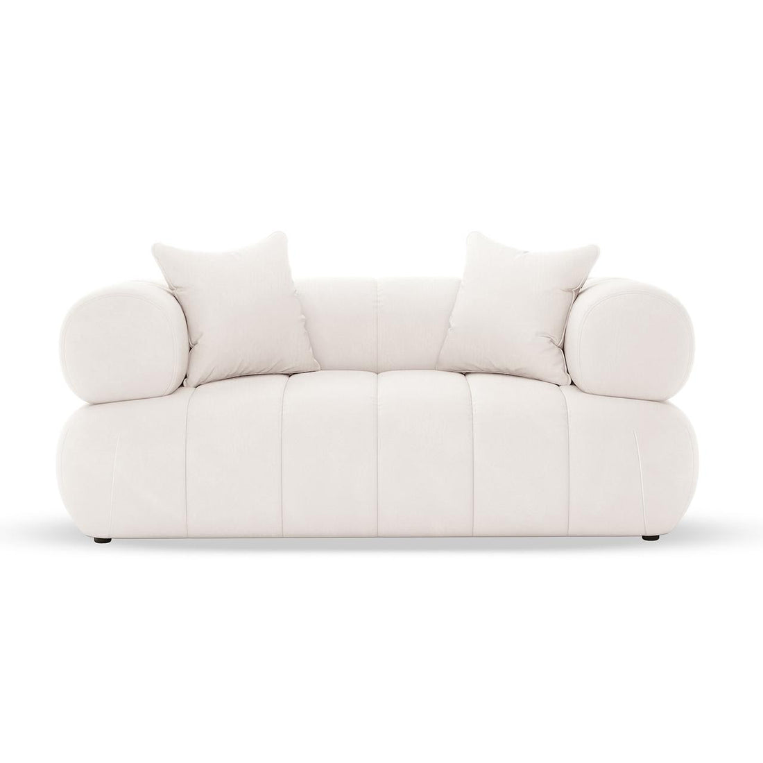 Samira 5 Seater Velvet Sofa Set in Cream features a modern, low-profile design with softly rounded silhouette and cylindrical bolster cushions, complemented by matching square throw pillows for an elegant look.