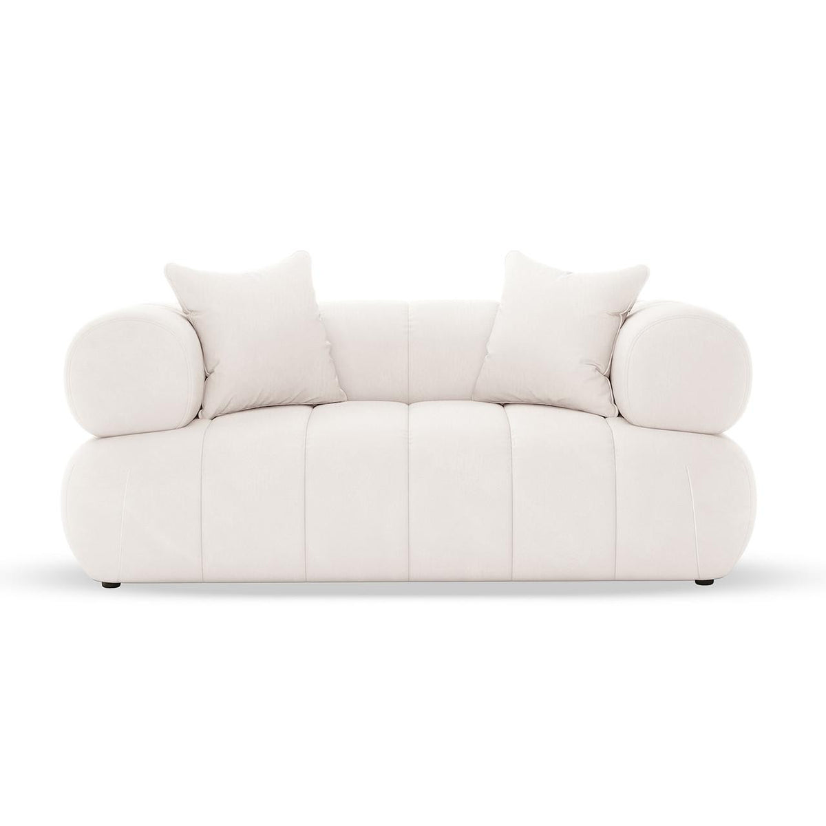 Samira 5 Seater Velvet Sofa Set in Cream features a modern, low-profile design with softly rounded silhouette and cylindrical bolster cushions, complemented by matching square throw pillows for an elegant look.