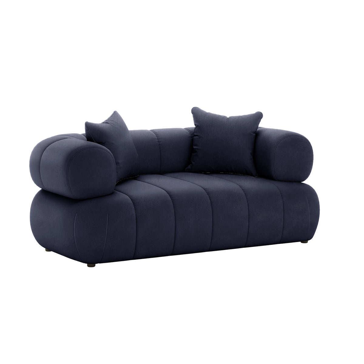 Samira 5 Seater Velvet Sofa Set in Navy Blue, showcasing plush velvet upholstery with a close-up of coordinating pillows, highlighting the luxurious texture and elegant design suitable for modern living spaces.