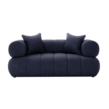 Samira 5 Seater Velvet Sofa Set - Navy Blue, highlighting its plush velvet texture and included pillows, showcasing luxury and comfort with a solid, durable build.