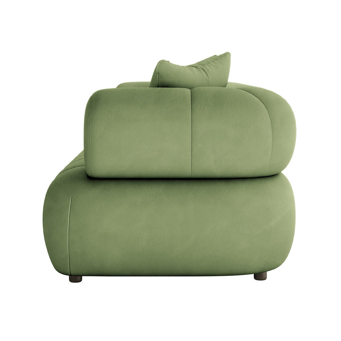 Side view of the Samira 5 Seater Velvet Sofa Set in Prasinous Green, showcasing its modern, low-profile design with rounded cushioned forms, muted green upholstery, and small, dark feet.