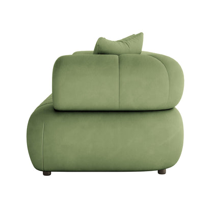 Side view of the Samira 5 Seater Velvet Sofa Set in Prasinous Green, showcasing its modern, low-profile design with rounded cushioned forms, muted green upholstery, and small, dark feet.