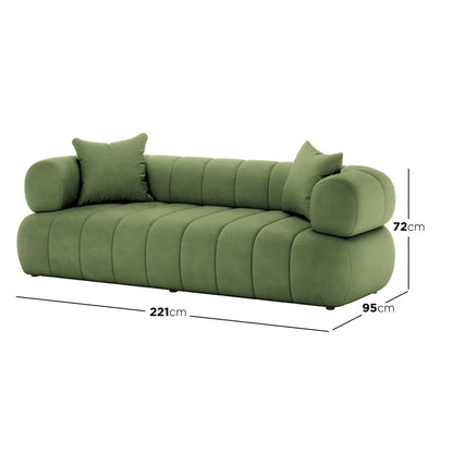 Samira 5 Seater Velvet Sofa Set in Prasinous Green features deep quilted seating, cylindrical bolster arms, and two square pillows, offering a modern, low-profile design with luxurious comfort.