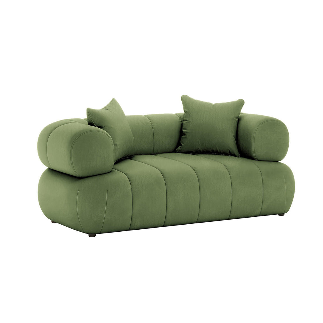 Samira 5 Seater Velvet Sofa Set in Prasinous Green features a modern, low-profile design with vertical channeling, oversized cylindrical arm bolsters, and two matching square throw pillows, showcasing a contemporary, minimalist aesthetic.