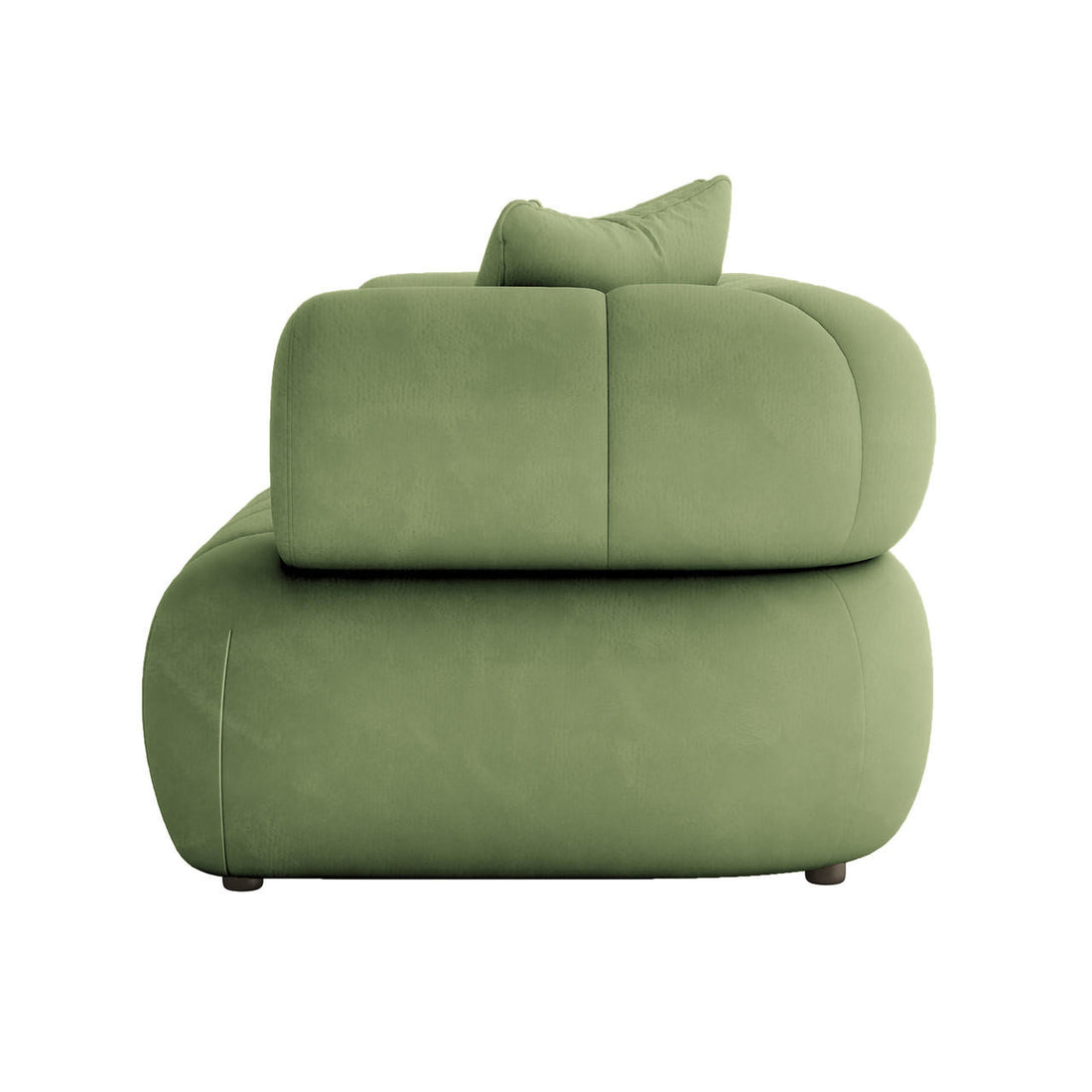 Side view of the Samira 5 Seater Velvet Sofa Set in Prasinous Green, showcasing its chunky, oversized cushions and modular design with a loose pillow, on short, barely-visible legs.