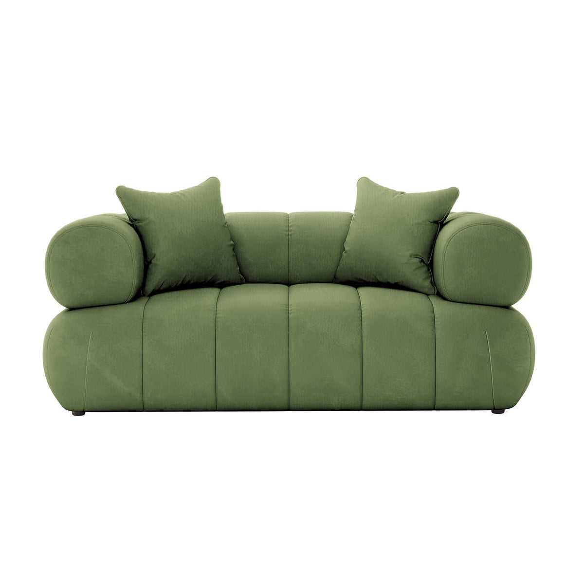 Samira 5 Seater Velvet Sofa Set in Prasinous Green features a modern loveseat with olive-green upholstery, rounded bolstered armrests, and two matching square throw pillows, set against a white background.