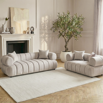 Samira 5 Seater Velvet Sofa Set in Warm Beige, featuring plush channel-tufted upholstery with rounded armrests and matching