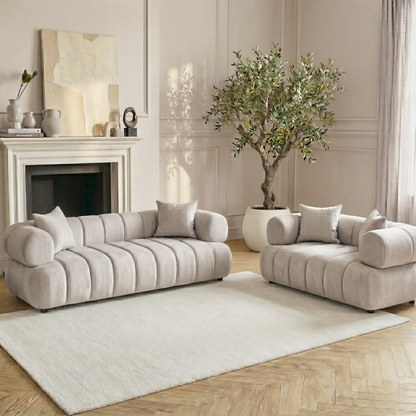Samira 5 Seater Velvet Sofa Set in Warm Beige, featuring plush channel-tufted upholstery with rounded armrests and matching